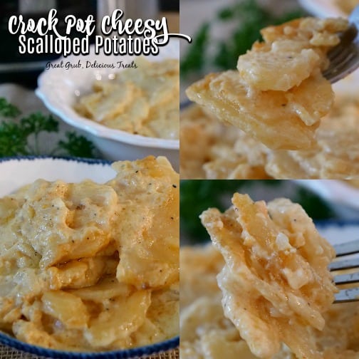 Loaded with cheese, these Crock Pot Cheesy Scalloped Potatoes are creamy and delicious. #potatorecipes #yummy #food #sidedishrecipes #greatgrubdelicioustreats Crock Pot Cheesy Scalloped Potatoes