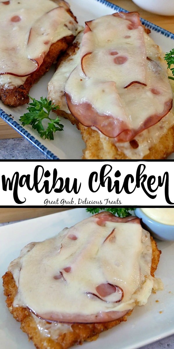 Malibu Chicken is crispy chicken breasts fried, topped with Swiss cheese and ham and is a delicious dinner recipe that will soon be a new family favorite A double picture of Malibu Chicken: two pieces of breaded fried chicken with on a white plate with blue trim and a single piece of chicken with ham and Swiss cheese melted on top on a white plate