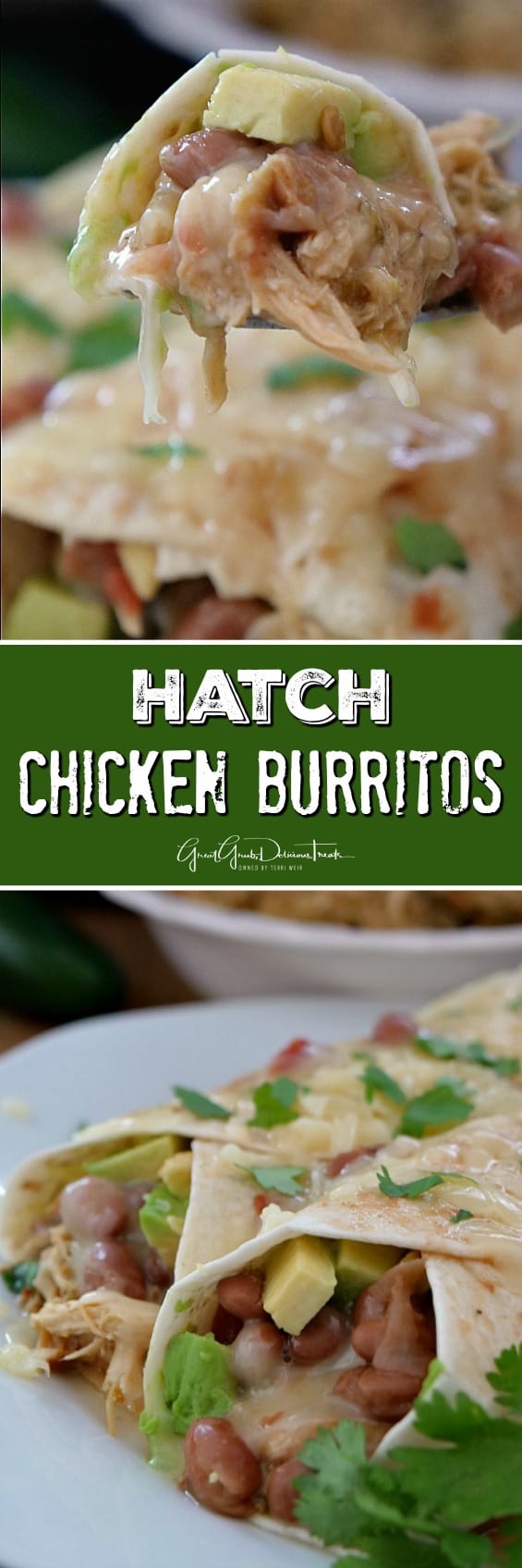 Hatch Chicken Burritos loaded with the delicious Hatch green chile flavor, charro beans, cheese, avocados, cilantro and salsa all wrapped in a flour tortilla. Hatch Chicken Burritos