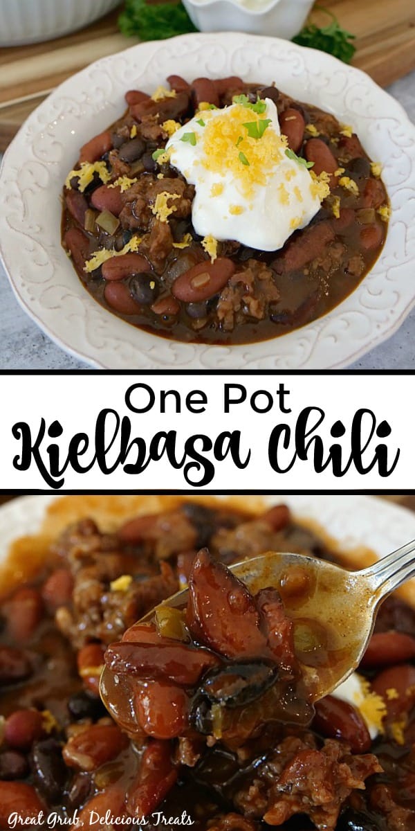 One Pot Kielbasa Chili is loaded with delicious sausage, kielbasa, and tons of flavor that will definitely become a family favorite chili recipe. A double picture collage of chili in a white bowl topped with sour cream and shredded cheese.