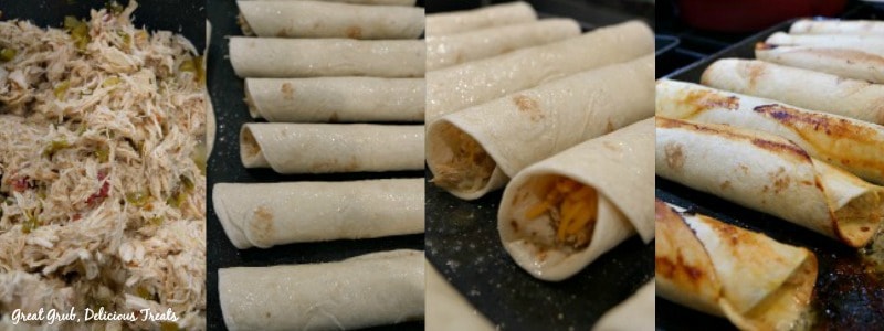 Spicy Chicken Flautas - In Process Shots Spicy Chicken Flautas - in process shots, the chicken mixture, the flautas on a baking sheet and then how they look when they are baked.