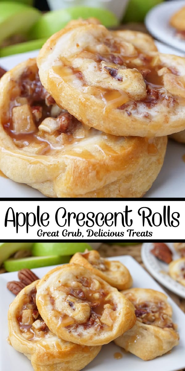 A double collage photo of apple pastries on a white plate with the title of the recipe in the center of the two photos.