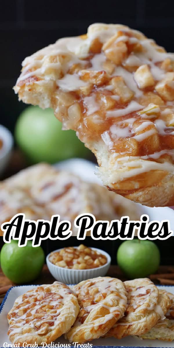 A double photo collage of round apple puff pastries.