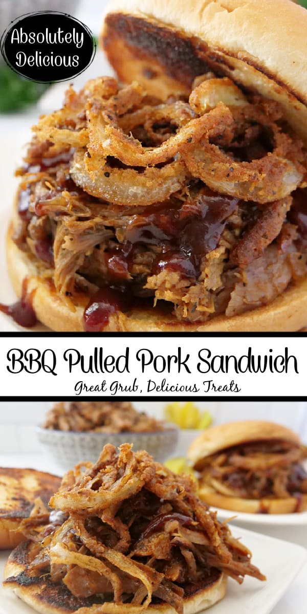 A double picture of BBQ pulled pork sandwiches topped with barbecue sauce and fried onion strings with the title in the middle.