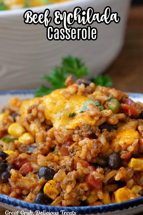 A close up of a bowl filled with a serving of beef enchilada casserole.