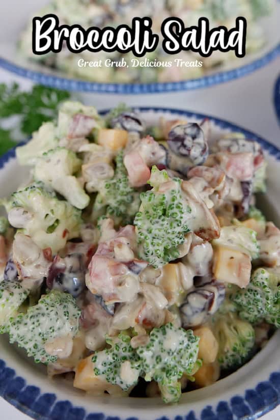 A white bowl with blue trim filled with a serving of broccoli salad with the title of the recipe at the top.