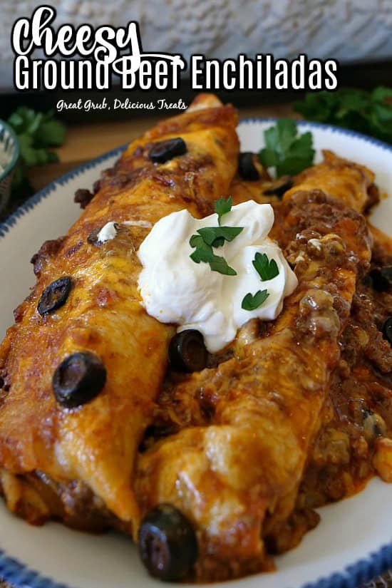 A white plate with blue trim with two enchiladas on it topped with sour cream and cilantro.