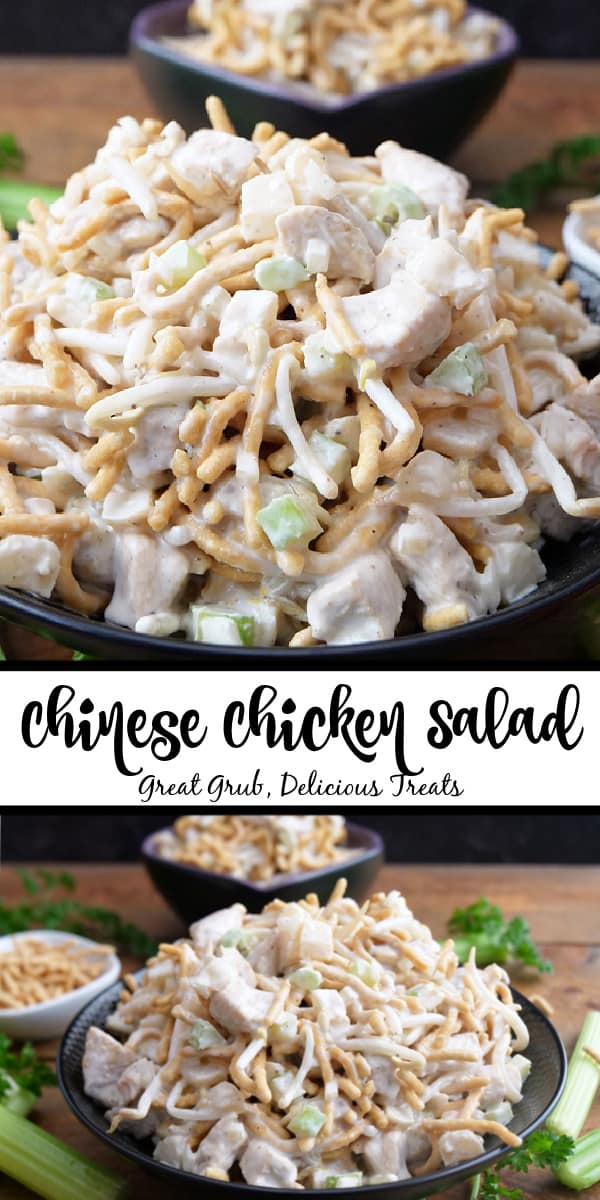 A double collage photo of Chinese Chicken Salad in a black bowl.