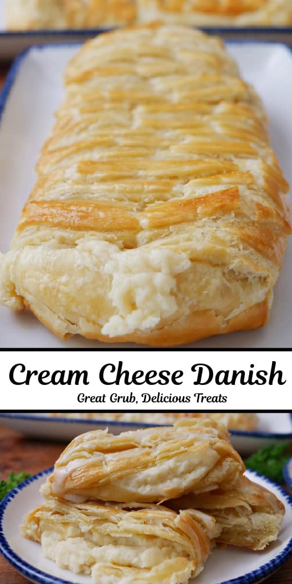 A double collage photo of a cheese danish pastry braid on a white plate with blue trim.