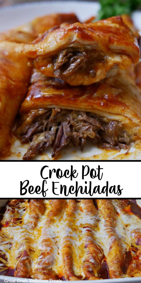 A double collage photo of crock pot beef enchiladas with the title in text in the center of the two photos.
