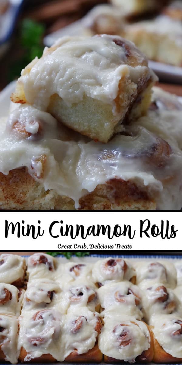 A double collage photo of mini cinnamon rolls with the title of the recipe in text in the center of the two photos.