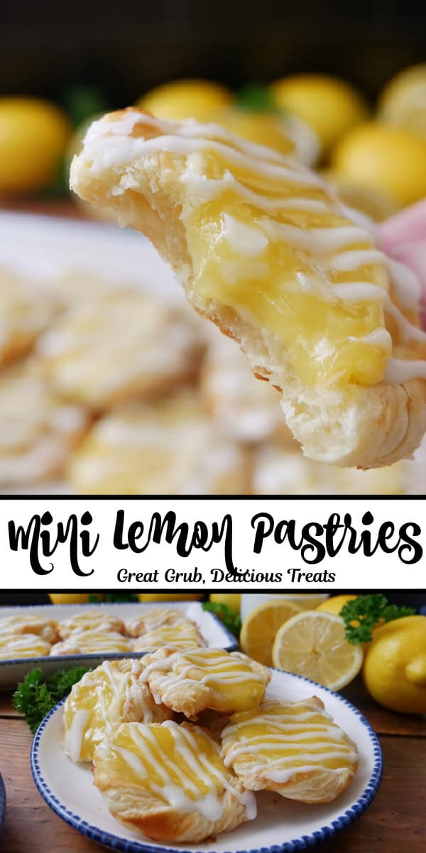 A double photo collage of mini lemon pastries on a white plate with blue trim.