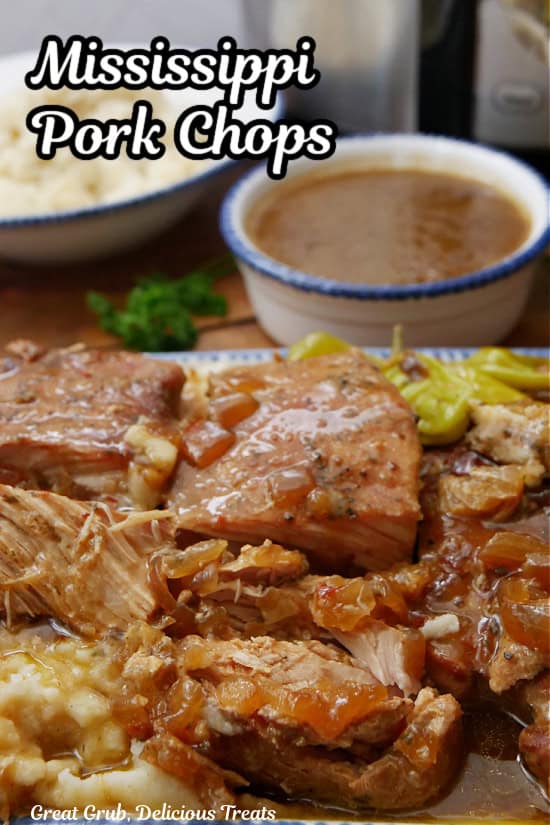 Boneless pork chops on a white plate with blue trim after being slow cooker with a small white bowl with blue trim with gravy in it.