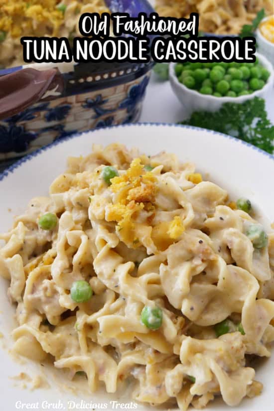 A white bowl with blue trim filled with a serving of tuna noodle casserole.