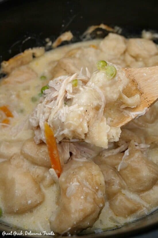 Crockpot Chicken and Dumplings is a quick and easy way to make your favorite comfort food. Crockpot full of chicken and dumplings.