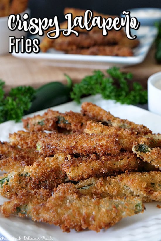 A white plate filled with crispy jalapeno fries with another plate in the background filled with more jalapeno fries.
