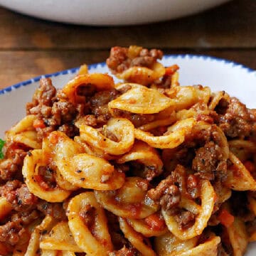 A white bowl with blue trim filled with a serving of pasta bolognese.