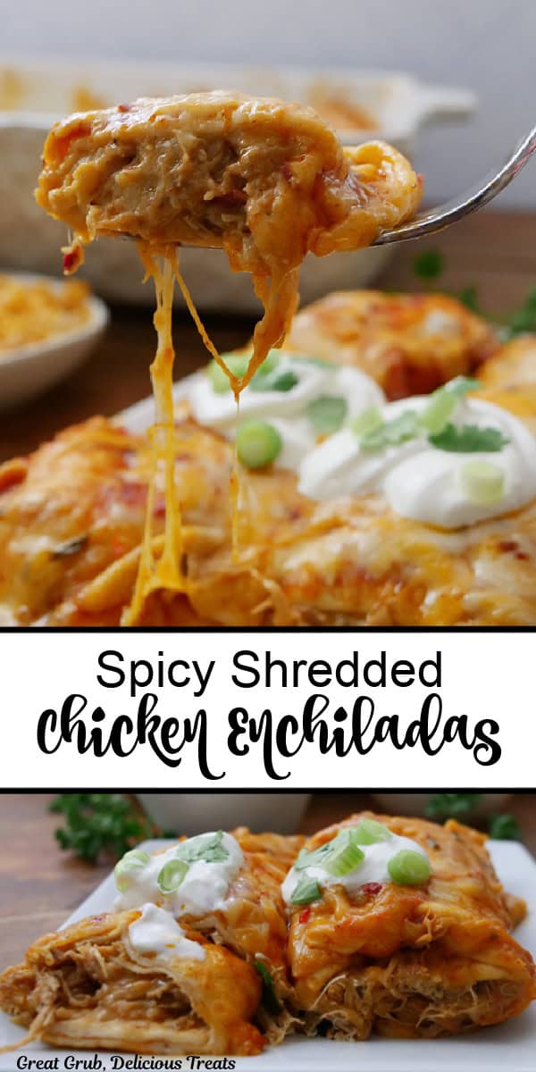 Two pictures of chicken enchiladas with the title of the recipe in text in the center of the two pics.