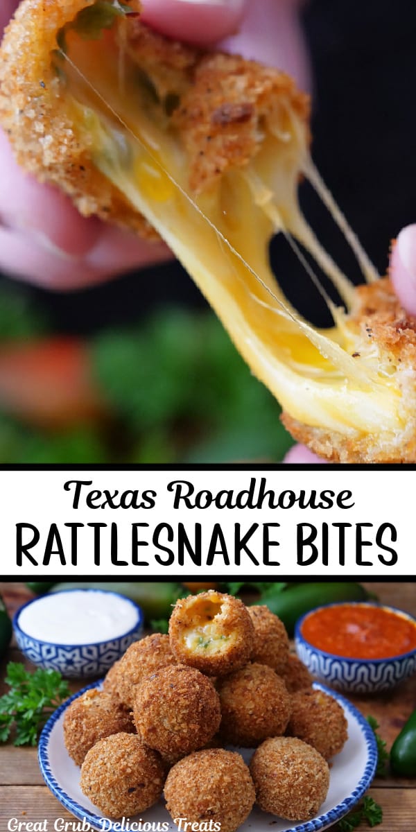 A double collage photo of cheesy crunchy, copycat rattlesnake bites.